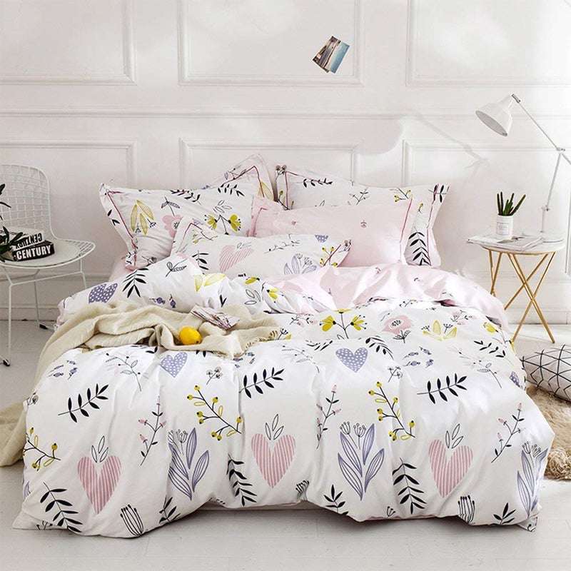 BuLuTu Floral Love Print Girls Duvet Cover Twin White/Pink Cotton Premium Blossom Kawaii Reversible Kids Bedroom Comforter Cover Bedding Sets for Toddler,Teen,Breathable,Lightweight,Zipper Closure - Image 3